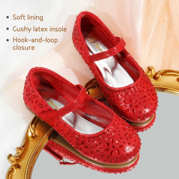 Girl's Mary Jane Buckle Rhinestone Flats - RED - 3